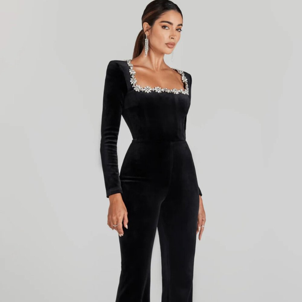 Kimberly Black Velvet Jumpsuit by Nadine Merabi